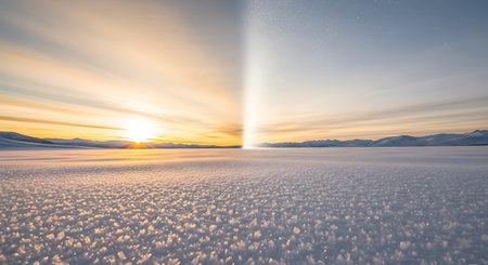 Beautiful winter landscape with snow field and sunset. Panoramic view.の素材