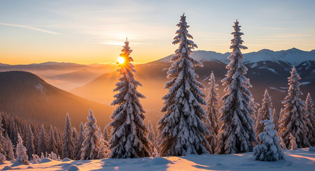 Fantastic winter landscape. Dramatic wintry scene. Carpathian, Ukraine, Europe. Beauty world.の素材