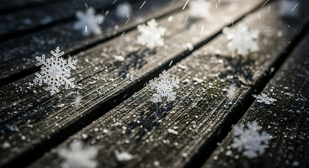 Snowflakes on a wooden bench in the rain. Christmas decorationの素材