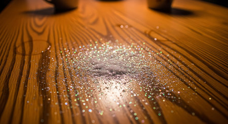 Sparkling glittering confetti on a wooden table. Selective focus.の素材