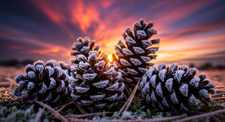 Pine cones on the background of a beautiful sunset. Winter landscape.の素材