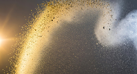 Falling gold particles on a dark background. 3d rendering.の素材