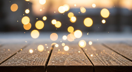 Wooden table with bokeh lights and snow. Christmas backgroundの素材