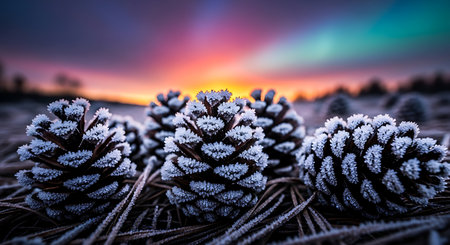 Pine cones in the frost on the background of the setting sunの素材