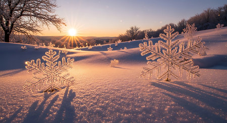 Frosty winter landscape with snowflakes and sun in the backgroundの素材