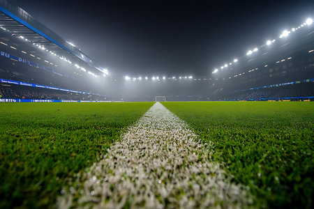 Soccer or football stadium at night with bright lights and artificial grassの素材