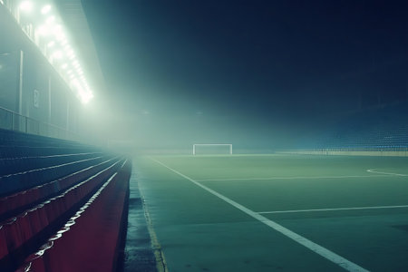 Empty soccer stadium at night with fog and lights, toned imageの素材