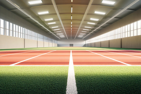 3d rendering of running track in a sports hall with white lineの素材