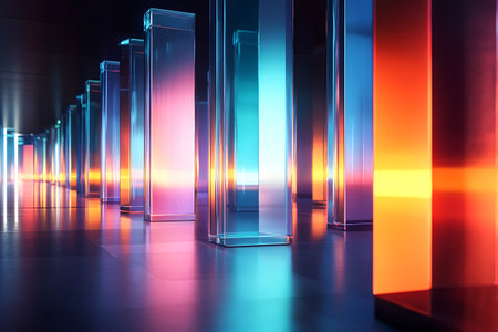 Futuristic corridor with glowing glass panels. 3D Renderingの素材