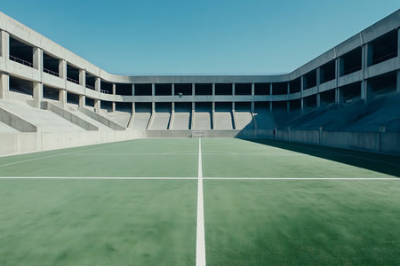 Tennis court in a modern stadium with green grass and blue skyの素材