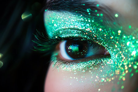 Close-up shot of beautiful female eye with green make-upの素材