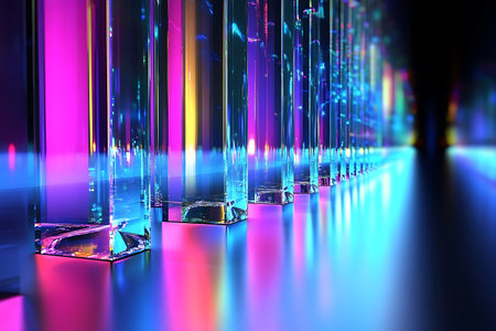 3d render, abstract background, neon lights, night city.の素材