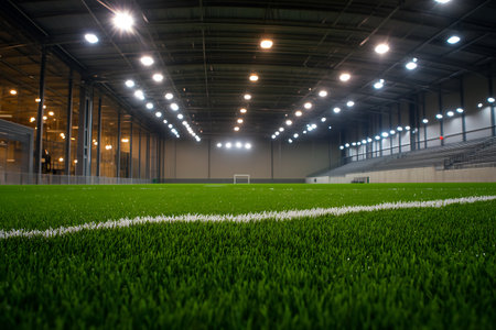 Soccer field or football stadium with green grass and spotlights.の素材
