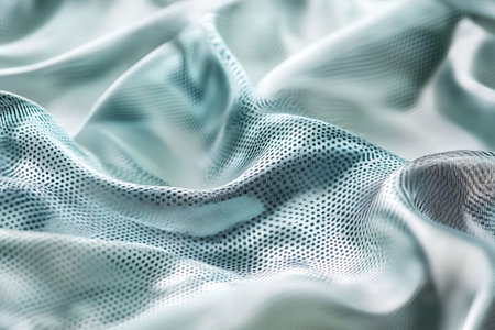 Closeup of crumpled light blue fabric cloth texture background.の素材