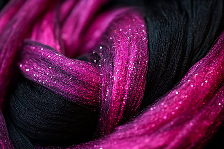 Beautiful bright pink and black ribbons as background, closeupの素材
