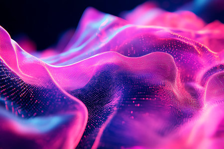 3d rendering of abstract digital wave particles with depth of field and bokeh lightsの素材
