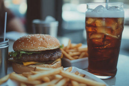 Hamburger, french fries and cola in fast food restaurantの素材