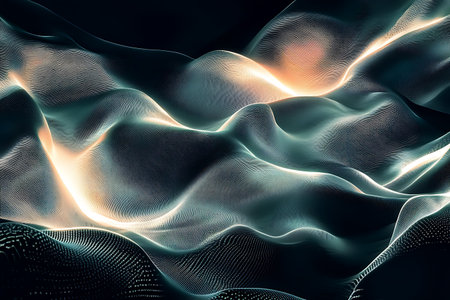 Abstract 3d rendering of wavy surface with glowing particles. Futuristic background with dynamic waves.の素材