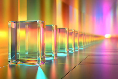 Abstract background with glass cubes. 3d render. Neon colors.の素材