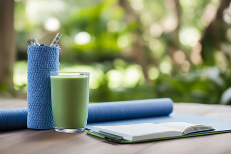 Green smoothie and yoga mat on wooden table with copy space.の素材