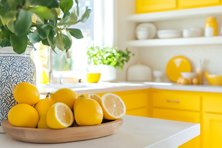 Lemons in a wooden plate on a white table in the kitchenの素材