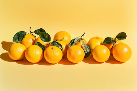 Oranges with leaves on yellow background. Flat lay, top view.の素材