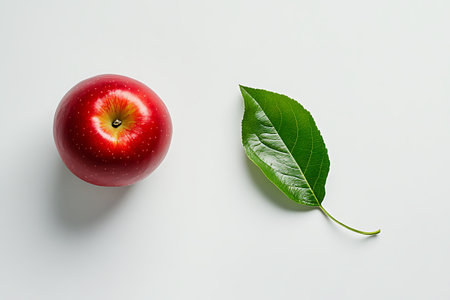 Red apple and green leaf on white background. Flat lay, top viewの素材