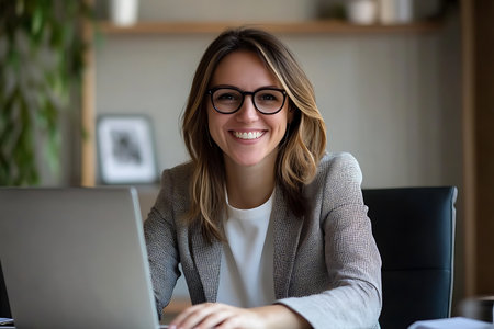 "Smiling Middle-Aged Woman in Headset Working Remotely | Friendly Customer Support Representative"の素材