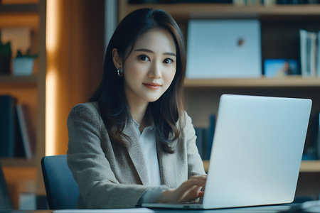 "Smiling Middle-Aged Woman in Headset Working Remotely | Friendly Customer Support Representative"の素材