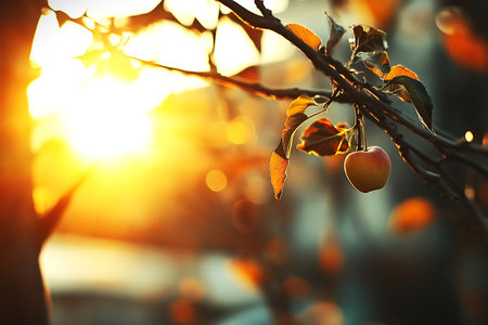 Ripe apples on a branch in the rays of the setting sunの素材