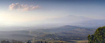 Panorama of the hills of Tuscanyの写真素材