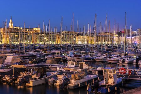 Boats anchored in the harbor in Marseilles in Franceのeditorial素材