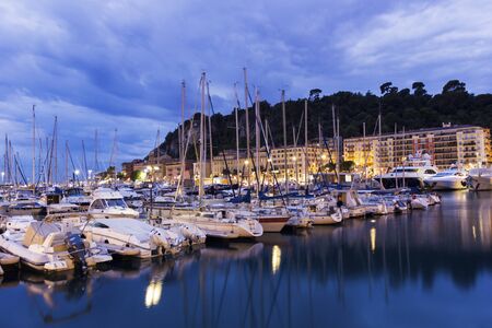 Boats anchored in the Port of Nice in France in the morningのeditorial素材