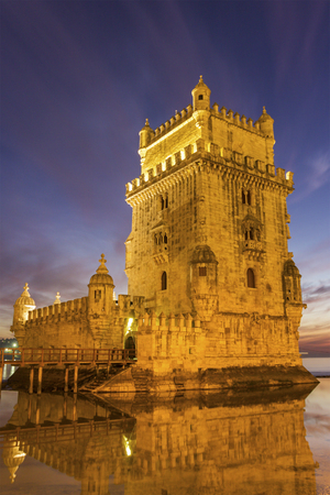 The iconic facade of the Tower of Belem on the bank of the Tagus Riverのeditorial素材