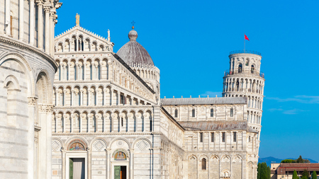 Day view of Pisa Cathedral with Leaning Tower of Pisa on Piazza dei Miracoli in Pisa, Italyの写真素材