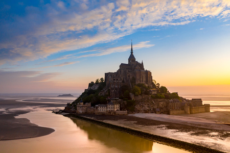 Mont Saint-Michel view in the sunset light. Normandy, Franceの写真素材