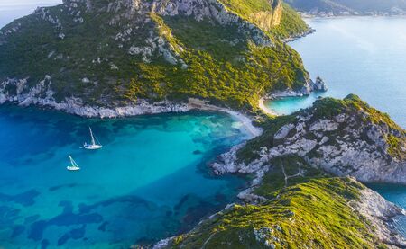 Porto Timoni is an amazing beautiful double beach in Corfu, Greeceの写真素材