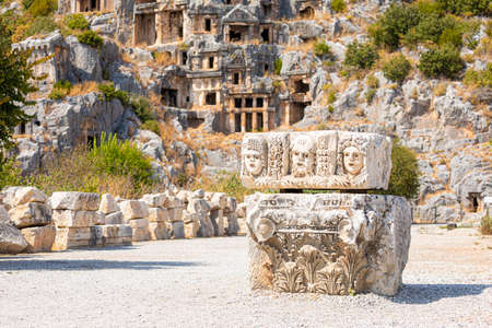 Ancient lycian rock tomb ruins in Demre, former Myra, Antalya, Turkeyの写真素材