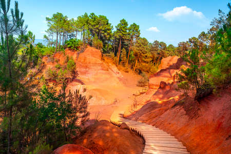 Roussillon, red rocks of Colorado colorful ochre canyon in Provence, landscape of Franceの写真素材