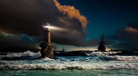 Storm at sea overlooking the lighthouse and ships. Lighthouse Tourlitis of Chora, Andros, Greeceの写真素材