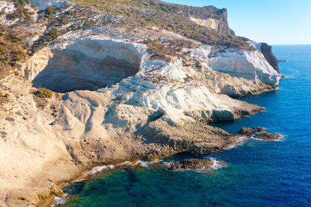 View of the volcanic open cave of Sykia, Milos island, Cyclades, Greeceの写真素材