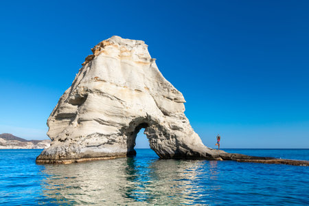 Kleftiko Bay, a scenic attraction with white volcanic rocks and caves. Milos Island, Greeceの写真素材