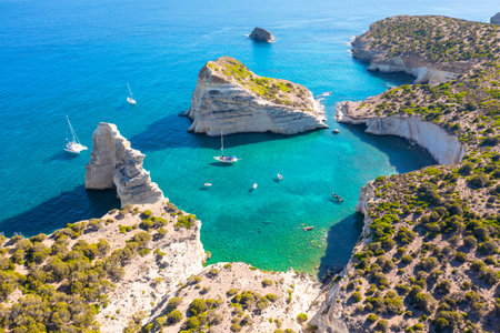 Kleftiko Bay, a scenic attraction with white volcanic rocks and caves. Milos Island, Greeceの写真素材