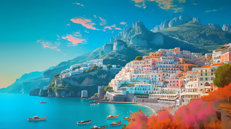 Morning view of the small town of Positano on the Mediterranean coast, Italyの写真素材