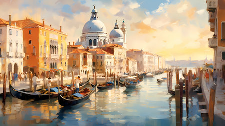 Illustration of the beautiful city of Venice. City of gondoliers, bridges, carnivals and love. Italyの素材
