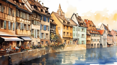Illustration of traditional colorful half-timbered houses and a river in an old European townの素材