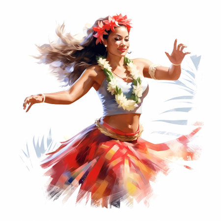 Illustration of traditional hawaiian lifestyle on an island, Hawaii, USAの写真素材