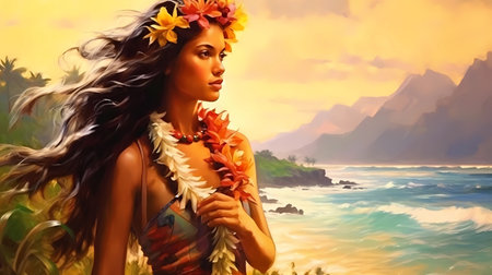 Illustration of traditional hawaiian lifestyle on an island, Hawaii, USAの写真素材