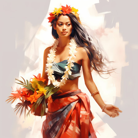 Illustration of traditional hawaiian lifestyle on an island, Hawaii, USAの写真素材