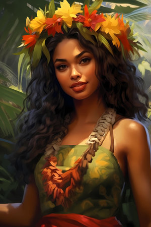 Illustration of traditional hawaiian lifestyle on an island, Hawaii, USAの写真素材